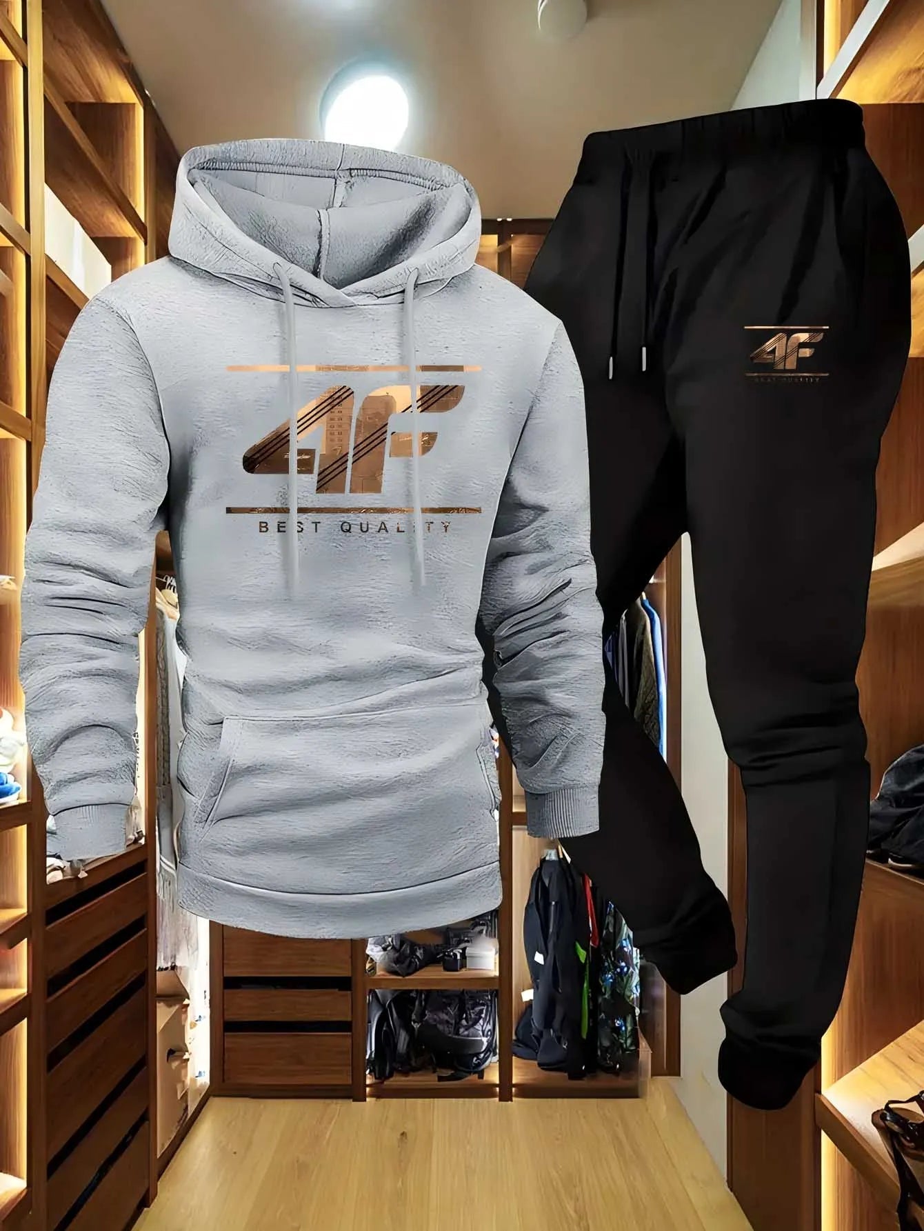 Men's Hoodie & Jogger Set with '4F' Print - Casual Sportswear, Beige & Black Matching Tracksuit Ohberri