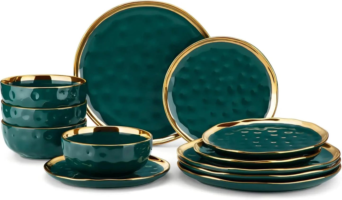 12 Pieces Plates and Bowls Sets, Porcelain Green and Gold Dinnerware Sets Ohberri