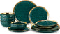 12 Pieces Plates and Bowls Sets, Porcelain Green and Gold Dinnerware Sets Ohberri