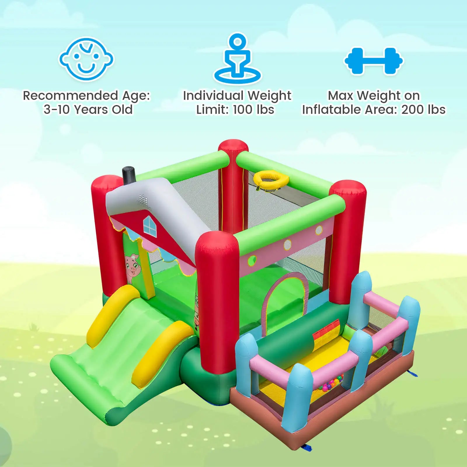4-in-1 Farm Themed Inflatable Bounce House with Slide Ball Pit & Basketball Hoop - Ohberri