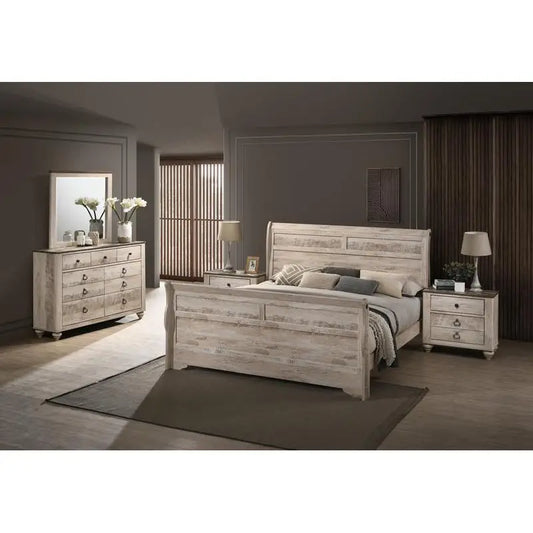 Contemporary White Wash Finish King Sleigh Bed Set with Dresser, Mirror, and 2 Nightstands - Ohberri