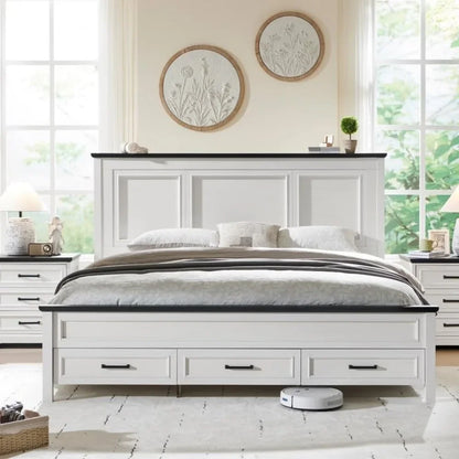 Farmhouse King Size Bed Frame with 52" Tall Full-Panel Headboard, Wood Platform Storage Drawers - Ohberri