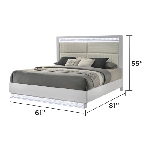 Modern style 4-piece set of queen size bed bedroom with white wooden LED headboard and bedside table - Ohberri