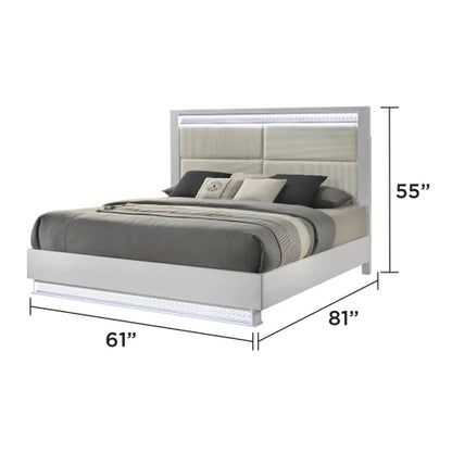 Modern style 4-piece set of queen size bed bedroom with white wooden LED headboard and bedside table - Ohberri