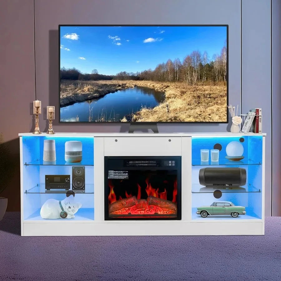 Fireplace LED TV Stand for Televisions 43 50 55 60 65 Center and Media Console with Storage Drawers and Glass Shelves Ohberri