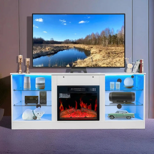 Fireplace LED TV Stand for Televisions 43 50 55 60 65 Center and Media Console with Storage Drawers and Glass Shelves Ohberri