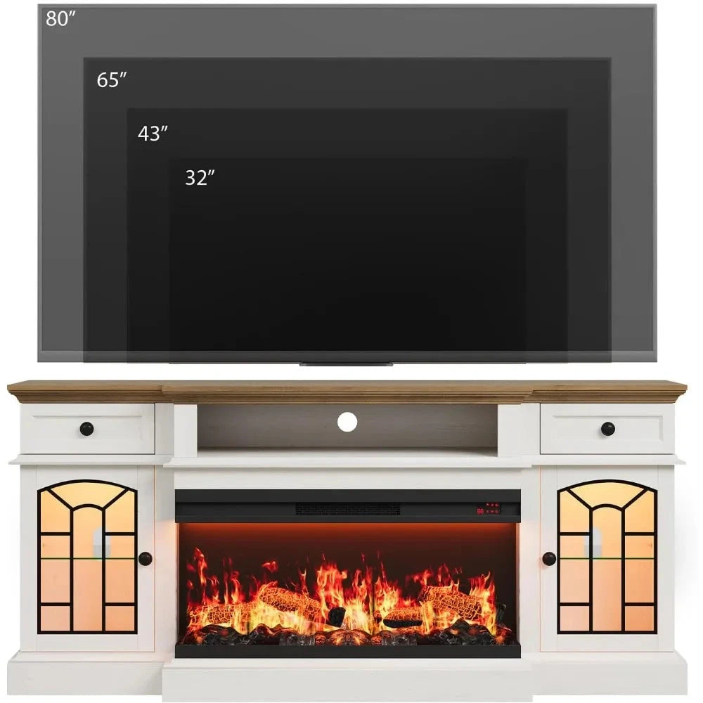 70" Farmhouse Fireplace TV Stand for TVs up to 80" with 36" 3-Side Glass Electric Fireplace Ohberri