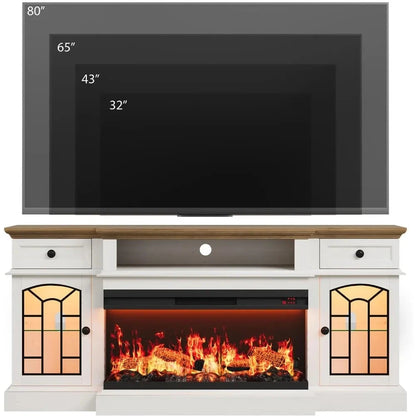 70" Farmhouse Fireplace TV Stand for TVs up to 80" with 36" 3-Side Glass Electric Fireplace Ohberri