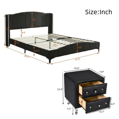 3 Pieces Bedroom Set with Queen Size PU Leather Upholstered Platform Bed and Elegant PU Nightstand with 2 Drawers , Black - Ohberri