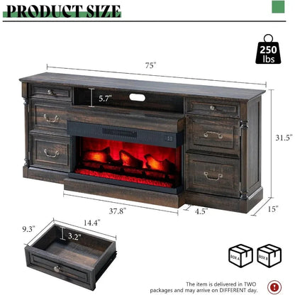 75 Fireplace TV Stand Large TV Stand with 36 Fireplace Farmhouse with Solid Wood 2 Drawers Cabin Ohberri