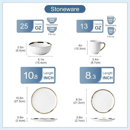 16 Pieces Plates and Bowls Sets Porcelain White and Gold Dinnerware Sets Ohberri