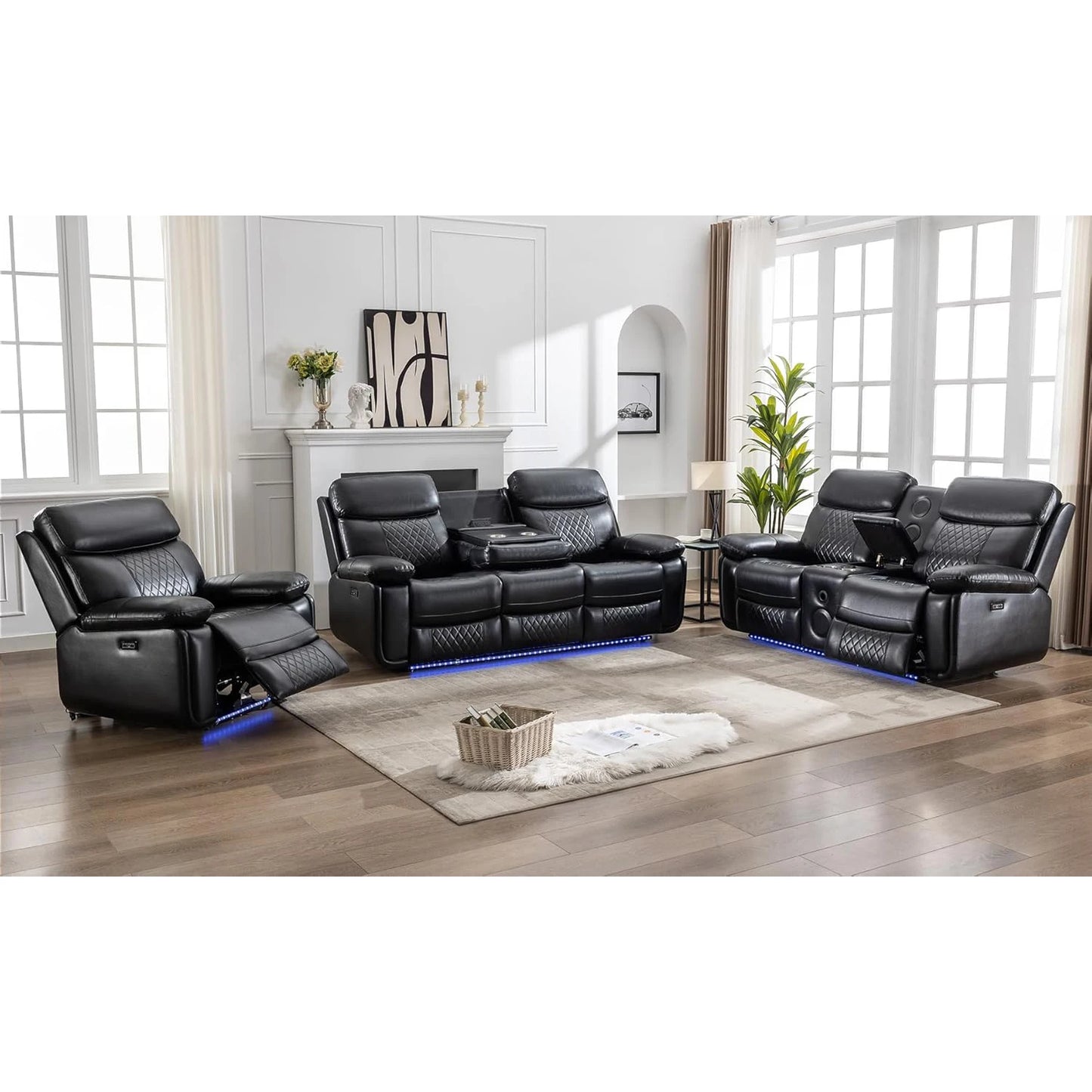6-Seat Electric Power Recliner Sofa Set With Drop-Off Table, Wireless Charger & Type-C Port, Faux Leather Loveseat With Bass Speaker - Ohberri