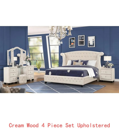 Upholstered Queen 4-Piece Vanity Bedroom Set, Crystal Tufted Design, Wooden Frame - Ohberri