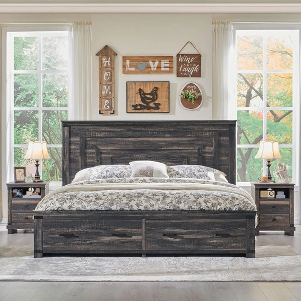 Queen Size Wood Bed Frame with 54" Tall Geometric Headboard, 2 Large Storage Drawers, Solid Wood Slats Support - Ohberri