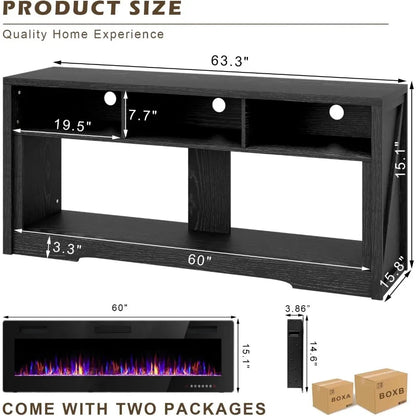 65''Fireplace TV Stand with 60" Fireplace with Open Storage Shelve Ohberri