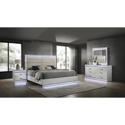 Modern style 4-piece set of queen size bed bedroom with white wooden LED headboard and bedside table - Ohberri
