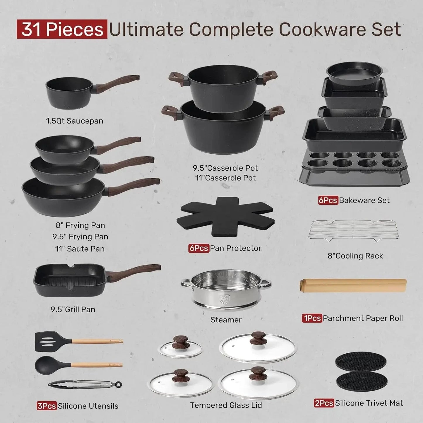 Non Stick 31 Piece Kitchen Nonstick Cooking Cookware Sets Ohberri