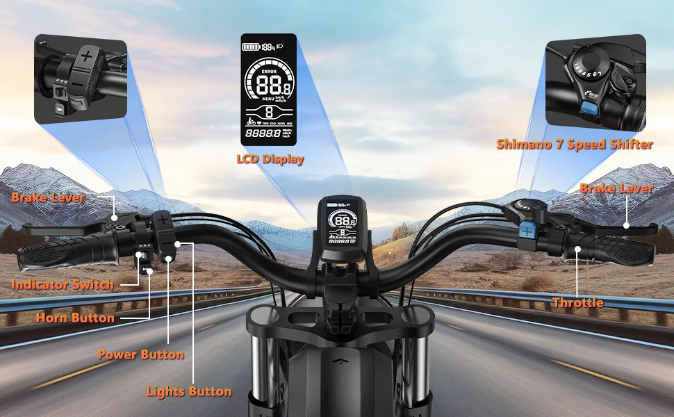 Electric bike 1500W Motor 48V 23AH 20 Inch Fat Tire 32MPH 7-Speed - Ohberri