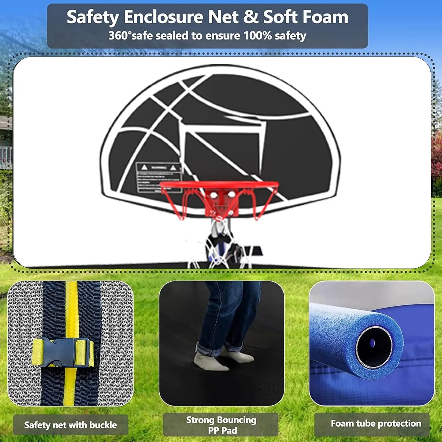 Trampoline 14FT With Basketball Hoop, Light, Sprinkler, Stakes - Outdoor Ohberri