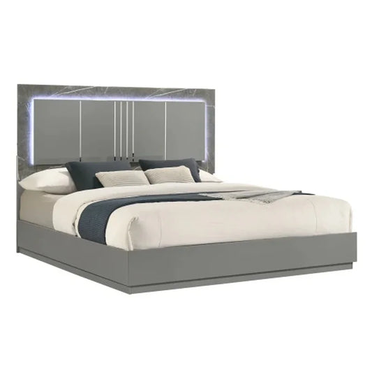 5-Piece Queen Bedroom Set: Two-Tone High-Gloss Marble & Lacquer Finish with LED Lighting, Metal Legs, Spacious Storage - Gray - Ohberri