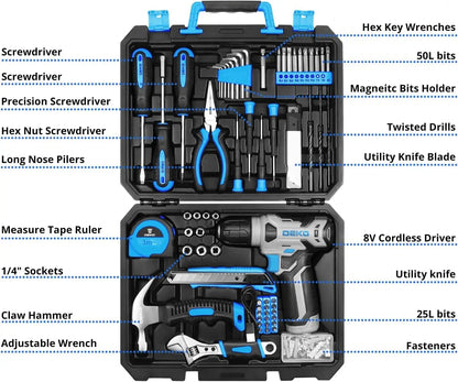 DEKO Drill Set: Tool Set with 8V Blue Cordless Drill 126 Piece Ohberri