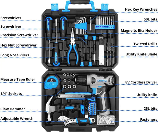 DEKO Drill Set: Tool Set with 8V Blue Cordless Drill 126 Piece Ohberri