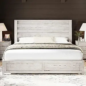 Farmhouse King Size Bed Frame with 49" Fluted Headboard, Wood Platform Bed - Ohberri