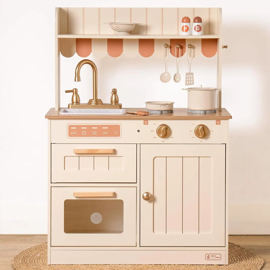 Wooden Kitchen Play set with Realistic Design Sink Oven, Stove Cabinet Vintage Style for Kids - Ohberri