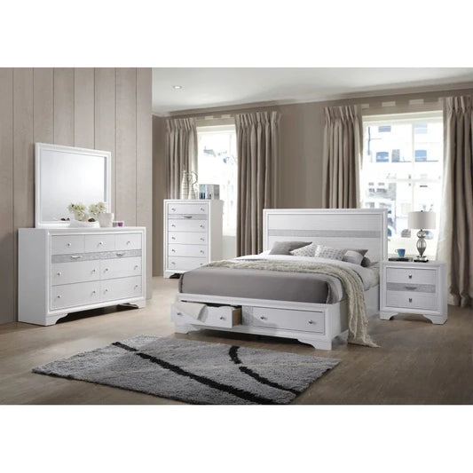 Traditional 5-Piece Storage Bedroom Set with Wood in White, Queen Size - Ohberri