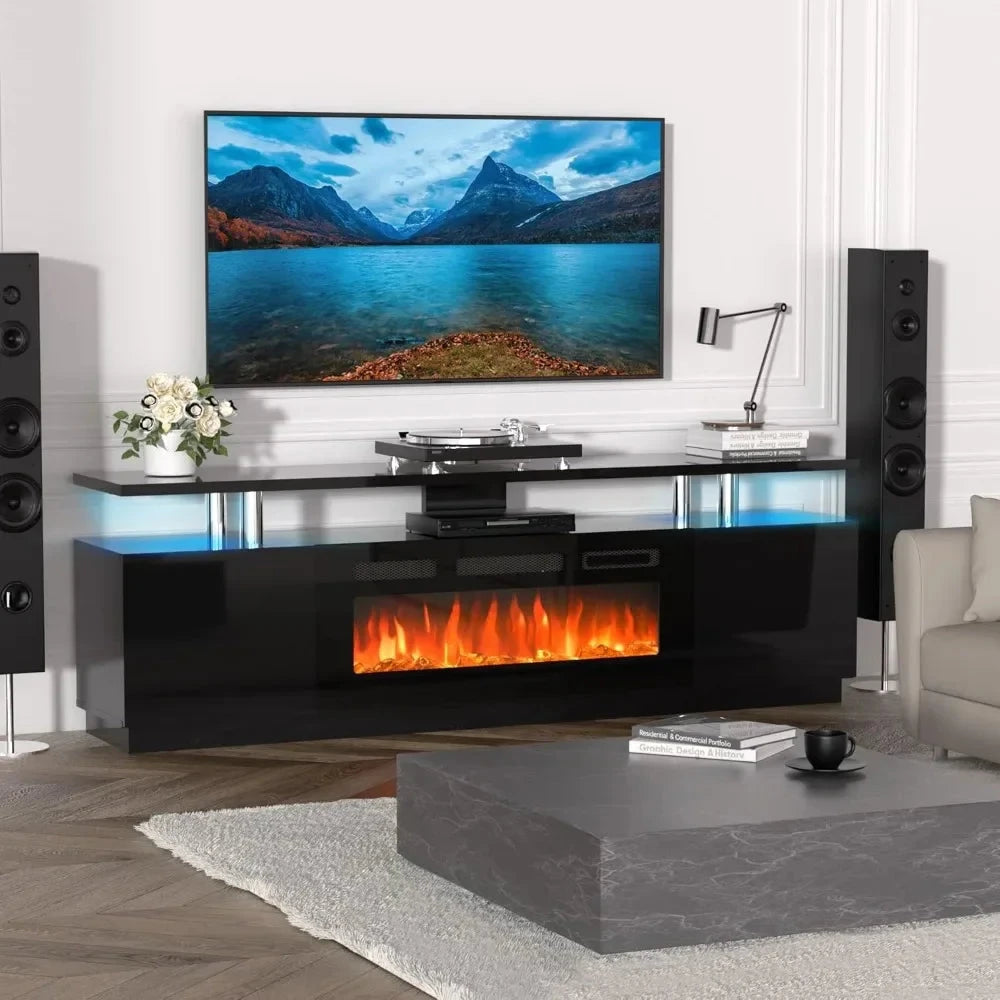70'' TV Stand, Storage Cabinet & Electric Fireplace Heater with LED Light and 12 Flame Colors Ohberri