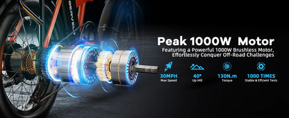 1000W Folding Electric Bike, 48V 20AH 30+MPH, 80 Miles Max Range, 20" Tire - Ohberri