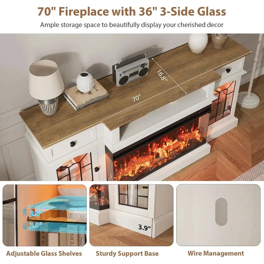 70" Farmhouse Fireplace TV Stand for TVs up to 80" with 36" 3-Side Glass Electric Fireplace Ohberri