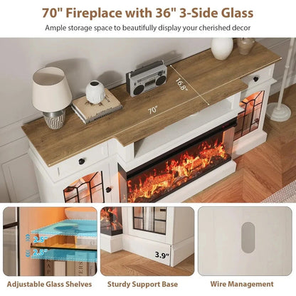 70" Farmhouse Fireplace TV Stand for TVs up to 80" with 36" 3-Side Glass Electric Fireplace Ohberri