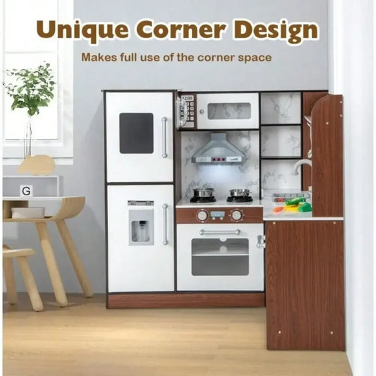 Corner Play Pretend Wooden Kitchen Set W/Water Circulation System & Lights - Ohberri