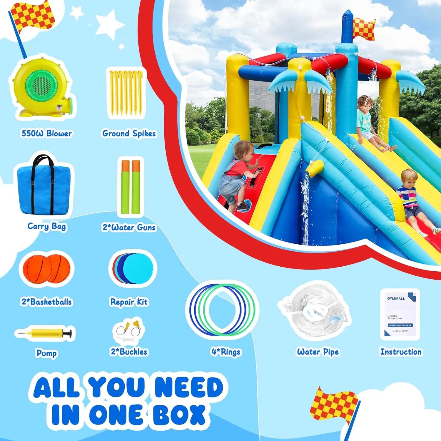 Inflatable Water Slide Bounce House with 550 W Blower, Blow up 8-in-1 Waterslide - Ohberri