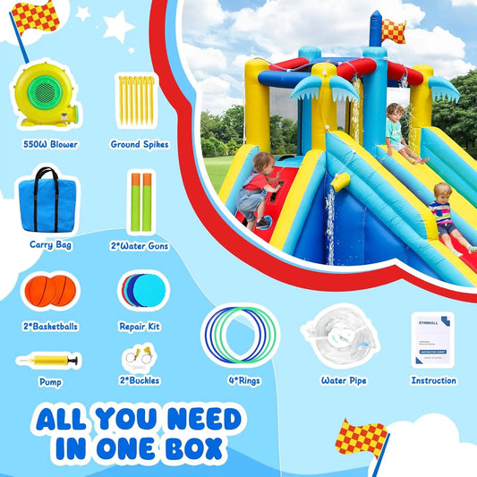 Inflatable Water Slide Bounce House with 550 W Blower, Blow up 8-in-1 Waterslide - Ohberri