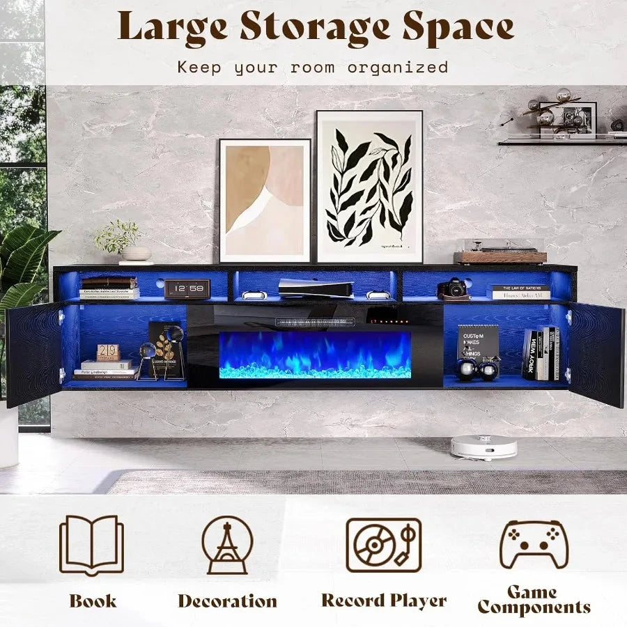 Floating TV Stand with 40 Electric Fireplace Modern Wall Mounted with Storage 80in Media Console Ohberri
