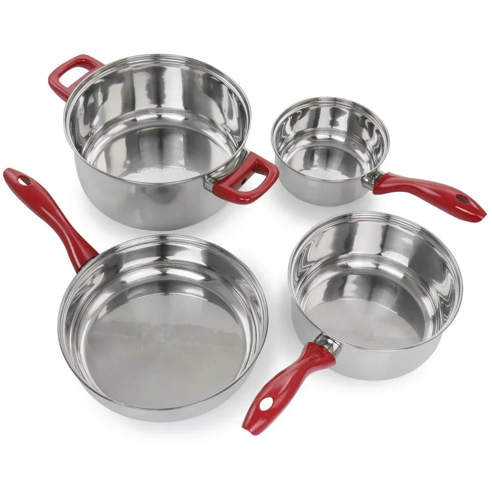 7 Piece Stainless Steel Cookware Set Chrome Red Handles Ohberri