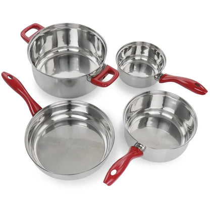 7 Piece Stainless Steel Cookware Set Chrome Red Handles Ohberri