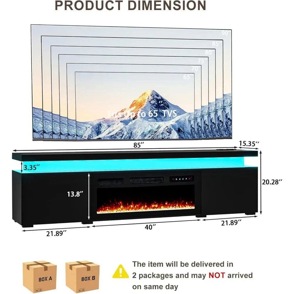 85’’ Fireplace TV Stand for 90 Inch TVs, Modern with LED Lights, High Gloss with 40’’ Electric Ohberri