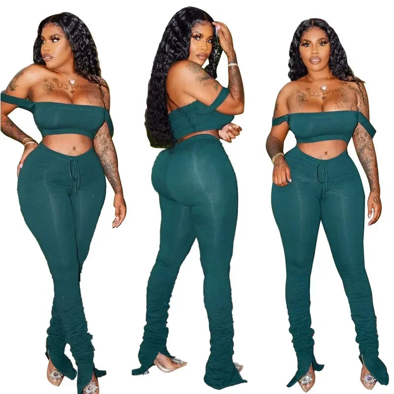 2 Piece Set Skinny Elastic Strapless Tops and Fold Slit Thin Pants Ohberri