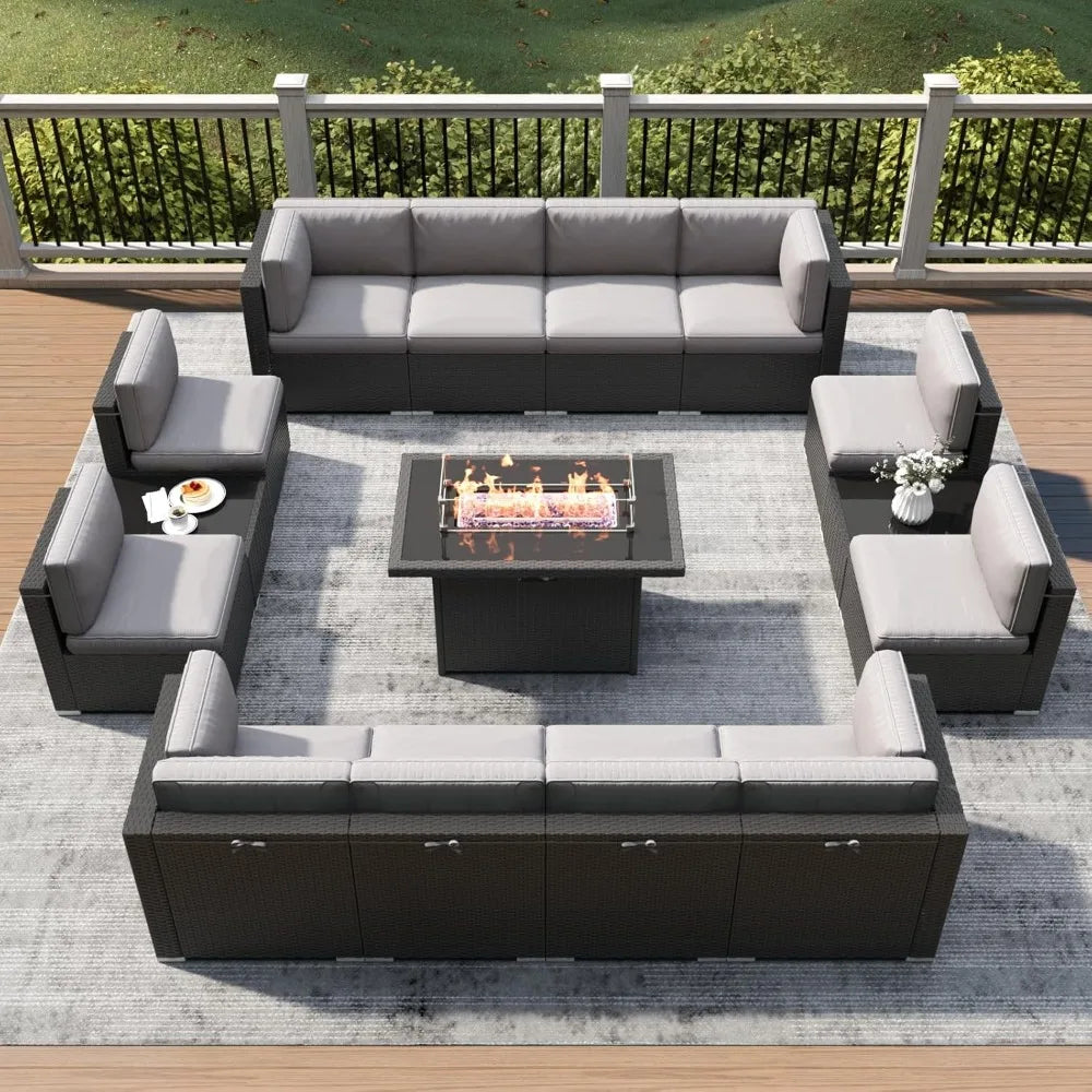 15 Piece Patio Furniture Set with Fire Pit Table, Outdoor Conversation Sets Wicker Rattan S Ohberri