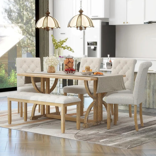 retro 6-piece dining table set, rectangular table with unique legs and 4 upholstered chairs & 1 bench - Ohberri