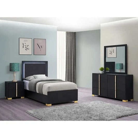 4-Piece LED Twin Bedroom Set in Black with Medial Storage - Ohberri