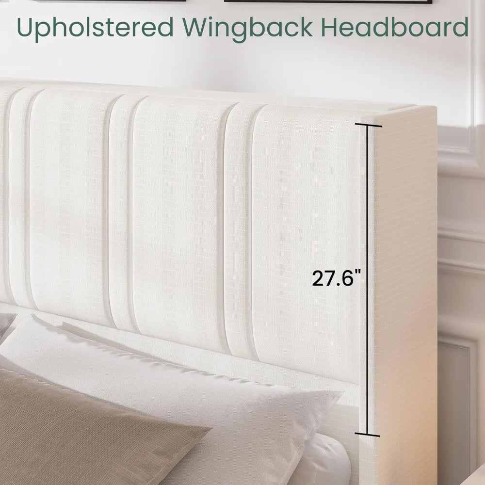 King Size Bed Frame with 4 Storage Drawers and Wingback Headboard Linen Upholstered Platform Bed Frame with Wooden Slats - Ohberri