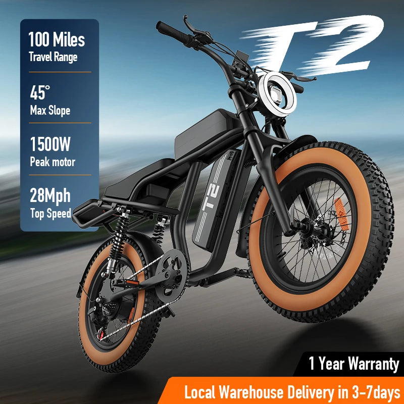 1500W Peak Electric Mountain Bike 48V 15.6Ah 28MPH 100 Mile Range 20X4" Fat Tire - Ohberri