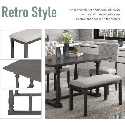 6 Pieces Dining Table Chair Set with Bench, Rectangle 4 Upholstered Chairs & a Wood Kitchen for Persons, Modern Style Room - Ohberri