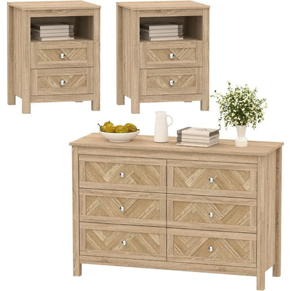 3 Pieces Bedroom Set with 6 Drawer Dresser and 2 Drawer Nightstands, Wooden - Ohberri