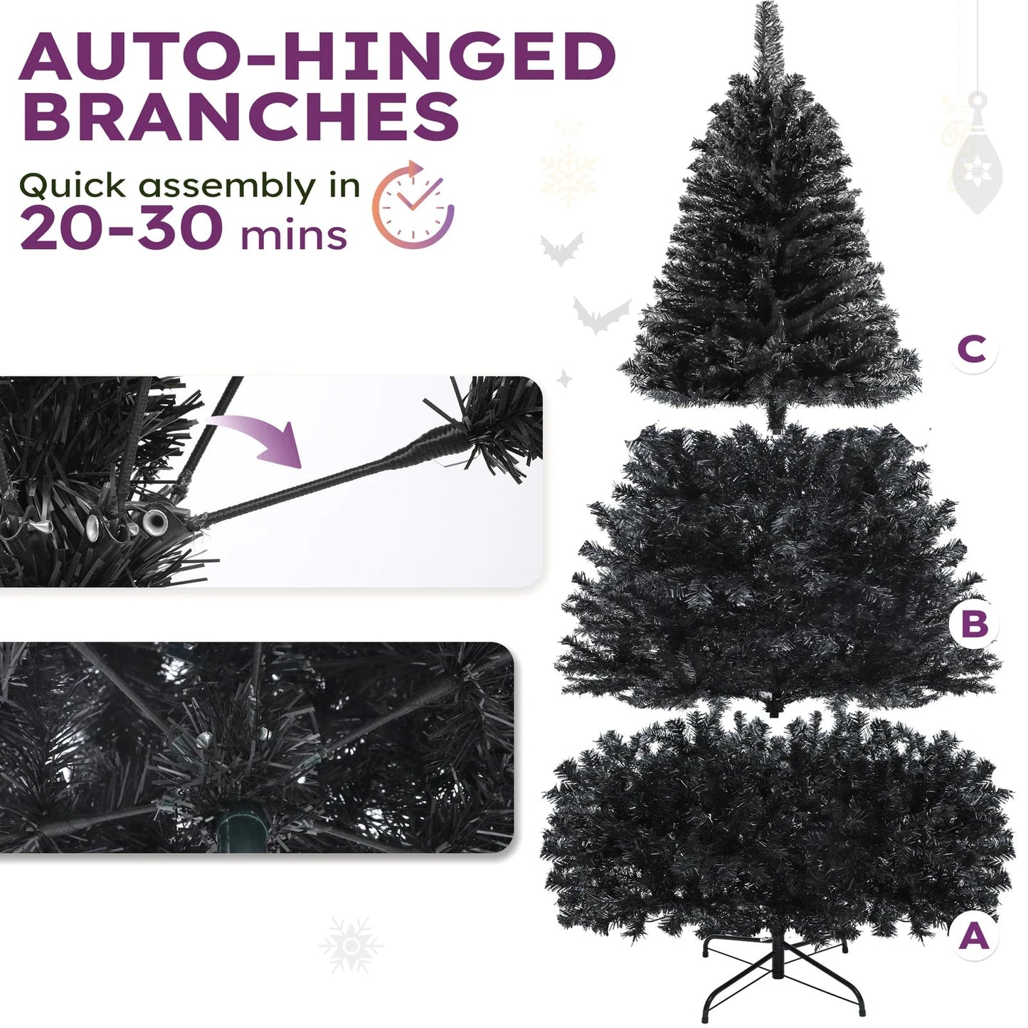 6 ft Prelit Black Christmas Tree Artificial with 818 Branch Tips & 250 Lights Ohberri