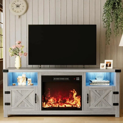 65 Inch LED Fireplace TV Stand with Mood Lighting, Cabinet with Open Shelf & Hidden Cable Routing Ohberri